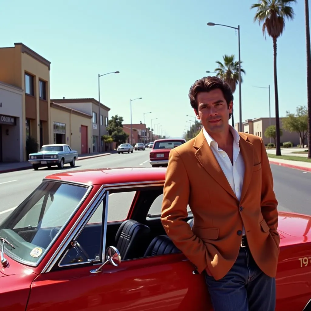 Mannix standing next to his red 1968 Dodge Dart GTS