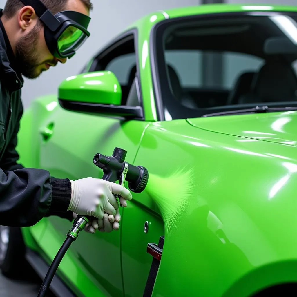 Professional Applying Neon Green Car Paint