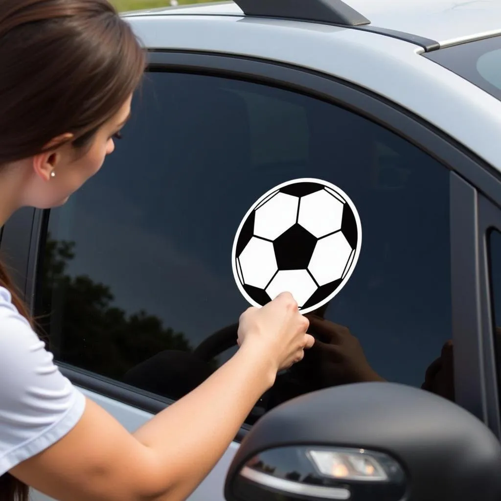 Applying a soccer car sticker on a car window 