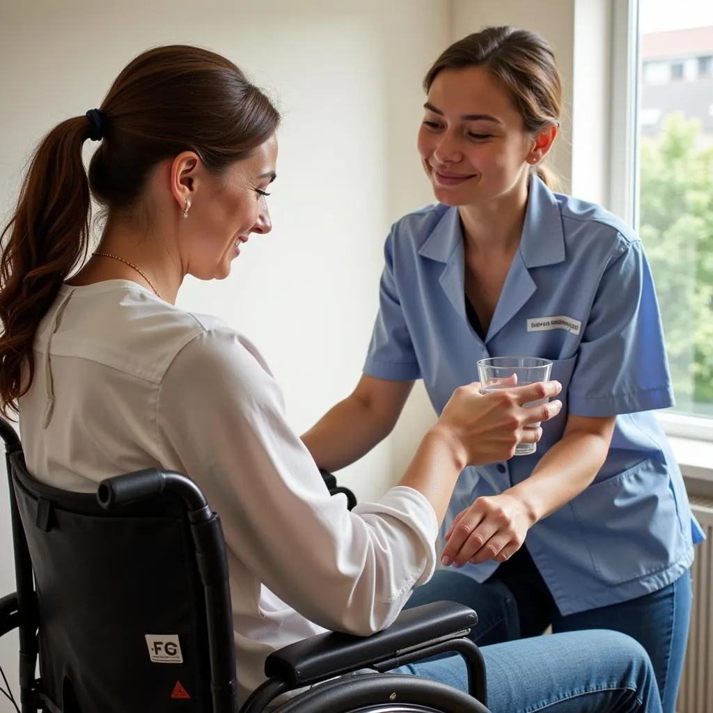 Attendant care provider assisting an elderly woman