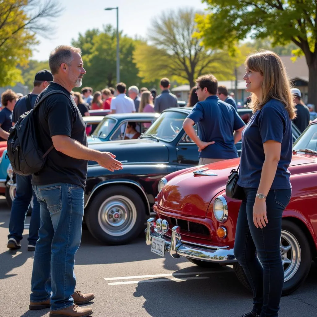 Attendees interacting with exhibitors at the April Action Car Show