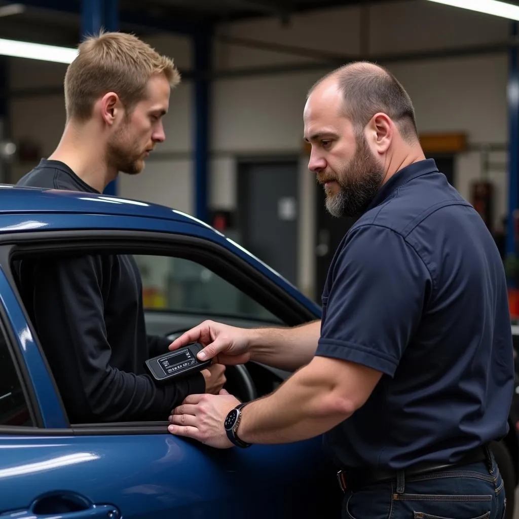 Automotive Electrician Demonstrating FM Transmitter Setup to Customer