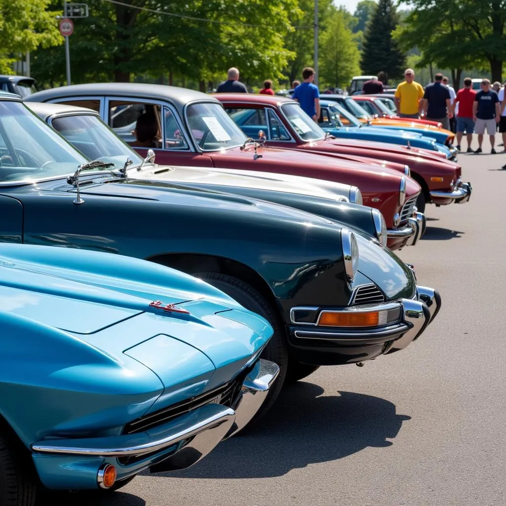 Classic cars lined up at a Beaver County car cruise