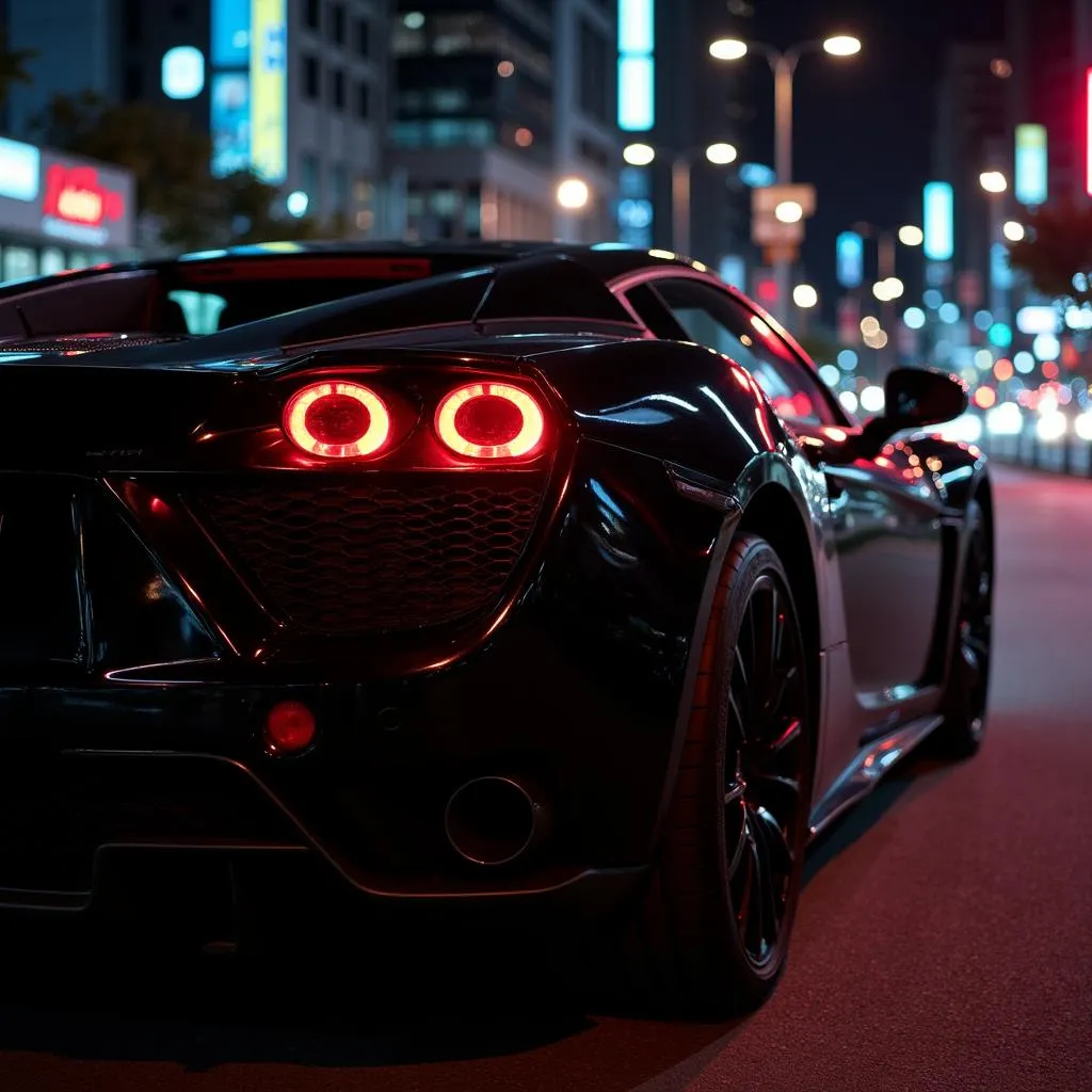 Black car with red interior parked on a dimly lit city street