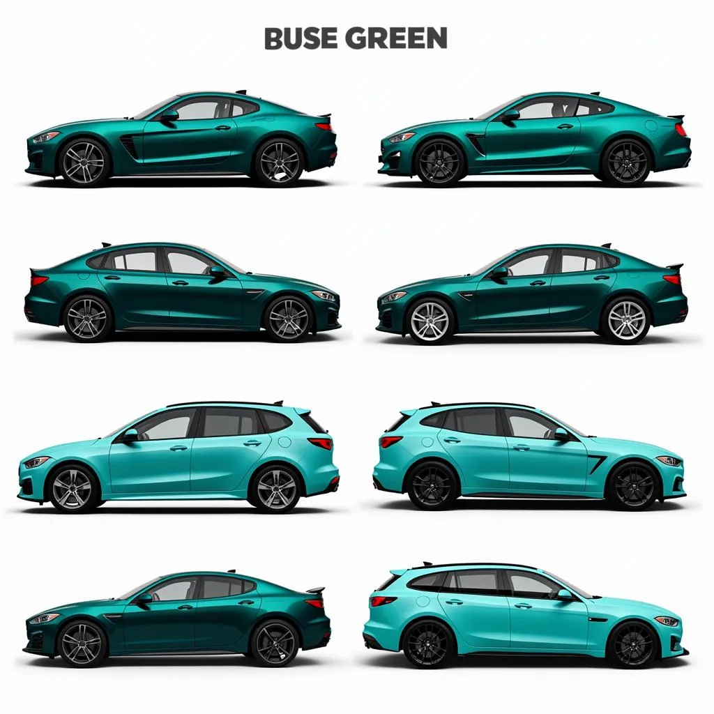 Different shades of blue green car wrap on various car models