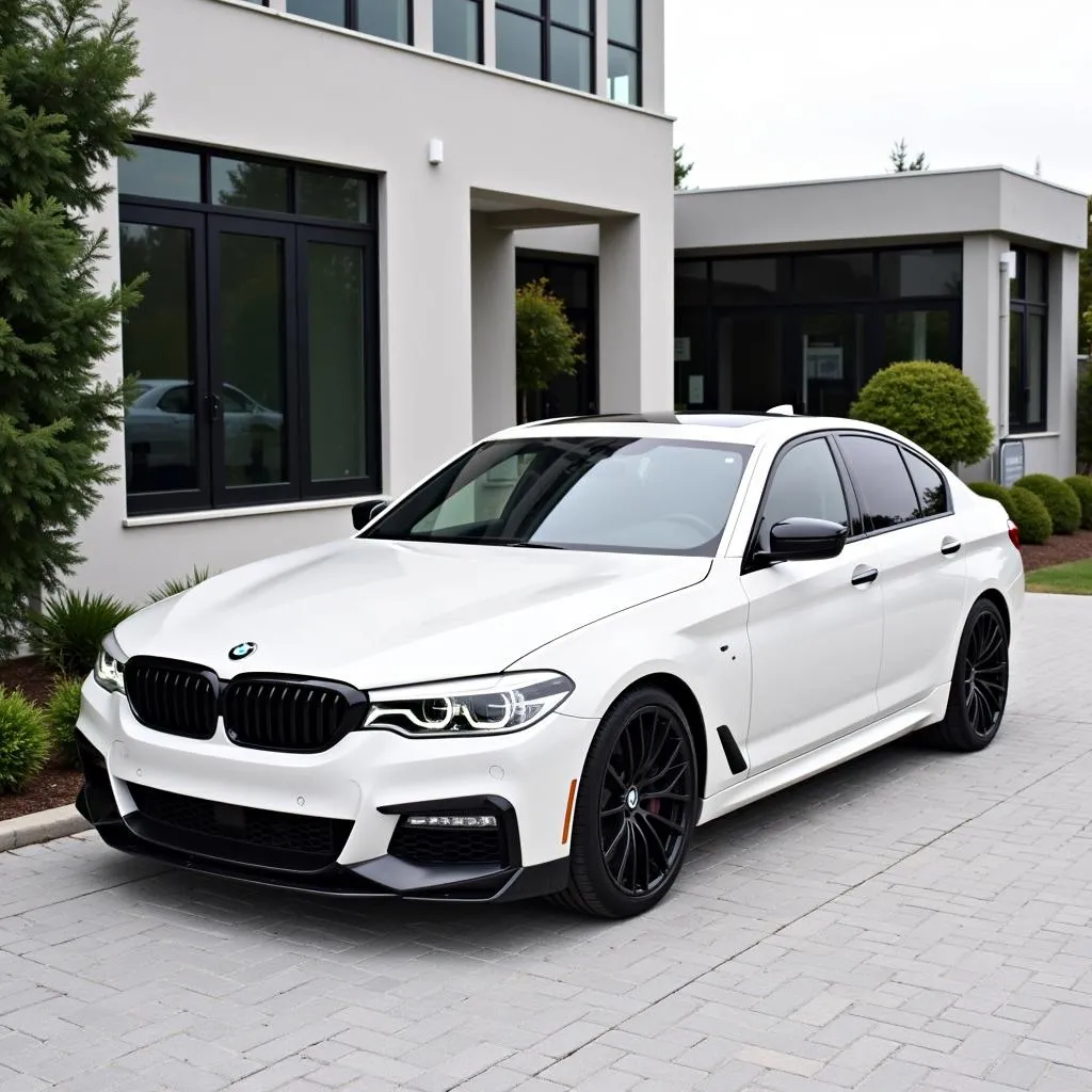 BMW 5 Series in white with black rims, front view