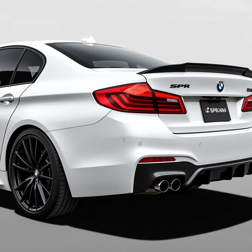 BMW 5 Series in white with black rims, rear view