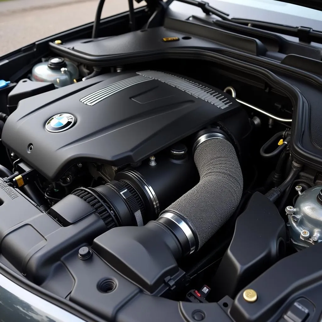 BMW 550i engine bay with a cold air intake installed