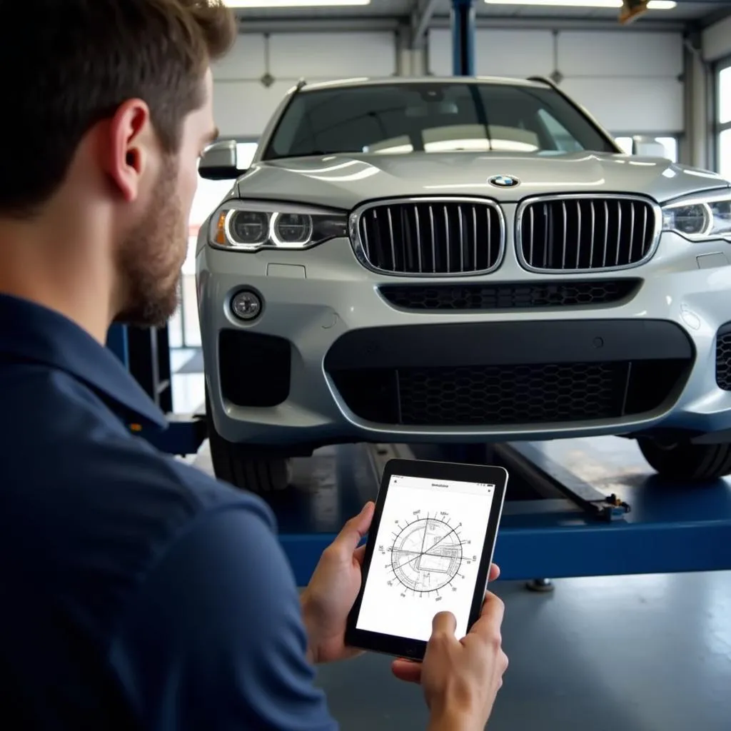 BMW Car on a Lift for Inspection