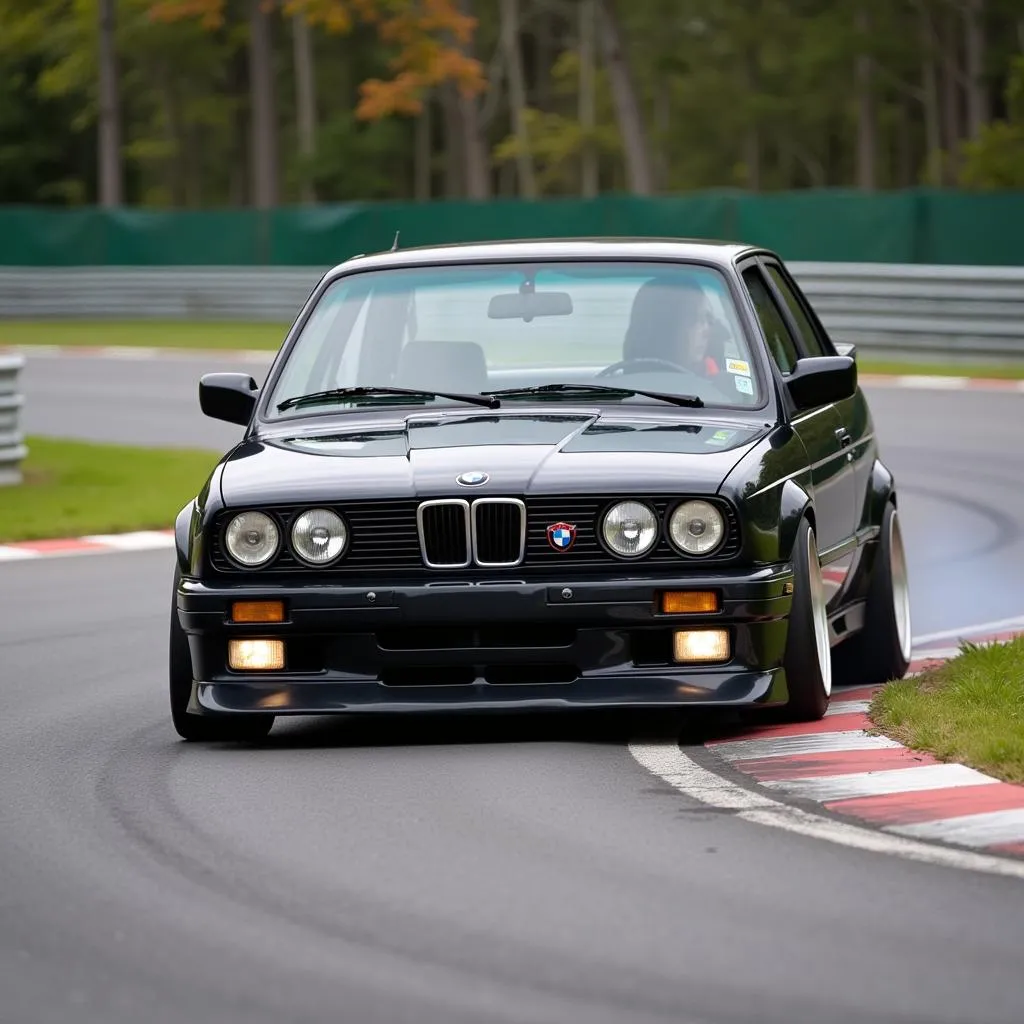 BMW E30 cornering on a race track