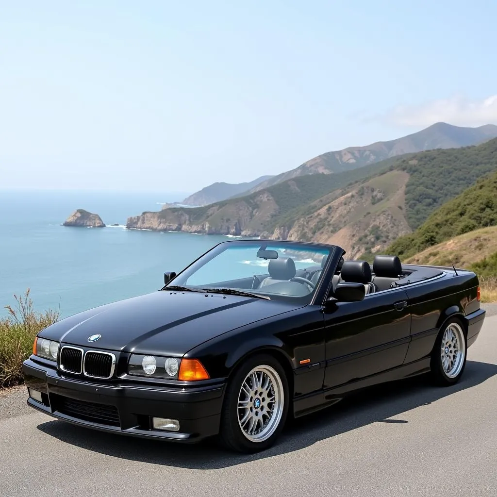 Black BMW E36 Convertible on Coastal Road