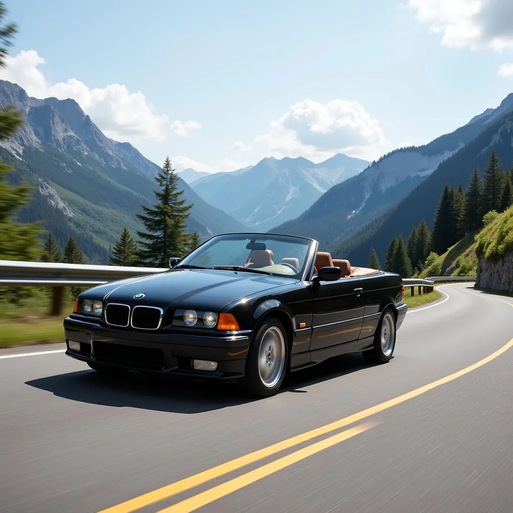 Black BMW E36 Convertible on Mountain Road