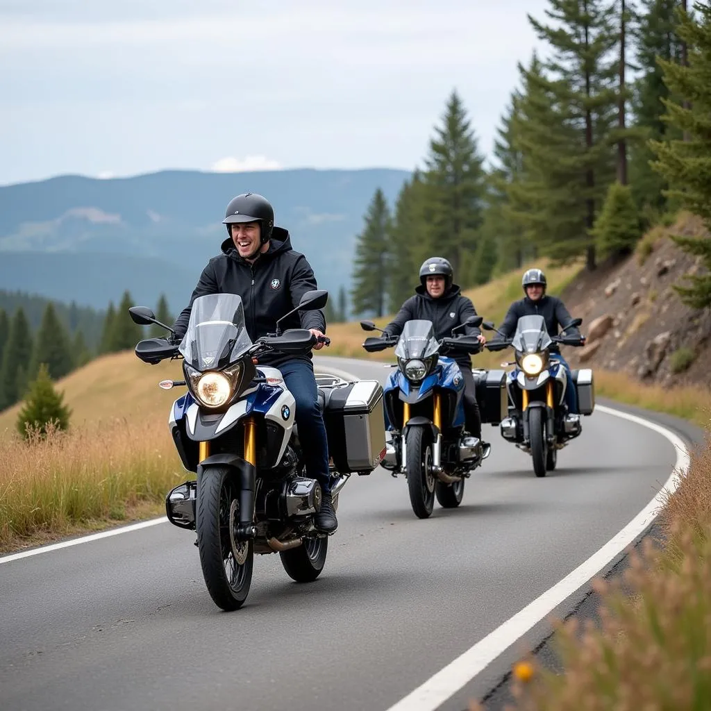 BMW F 750 GS riding in a group on a winding road