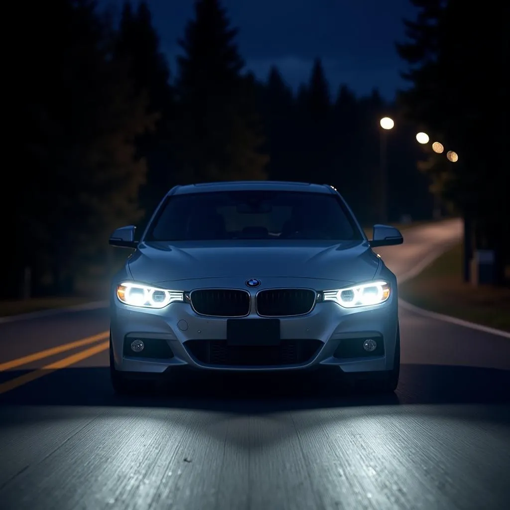 BMW F30 with Xenon Headlights Illuminating a Dark Road