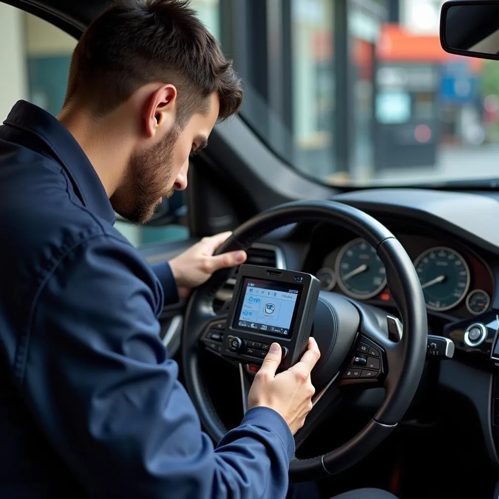 BMW Mechanic Diagnosing Car