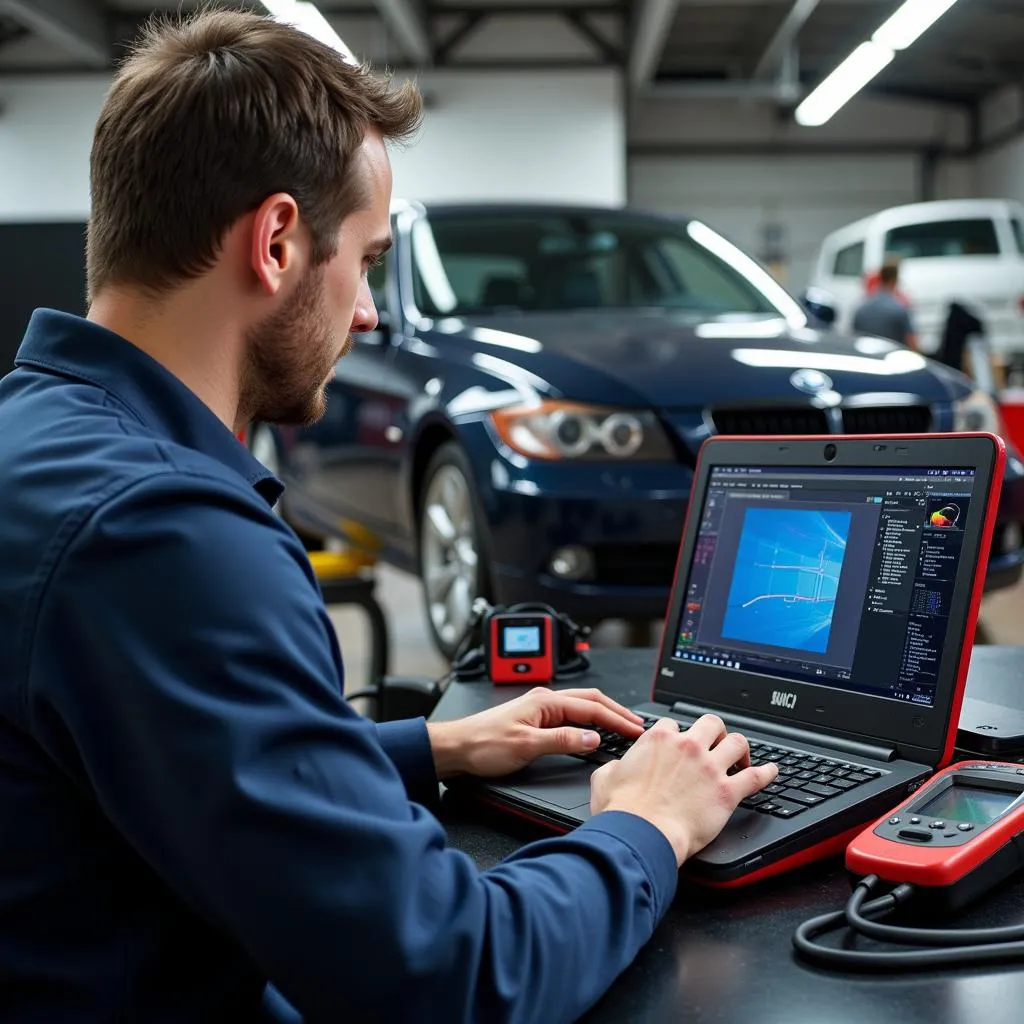 Mechanic diagnosing a BMW DME system