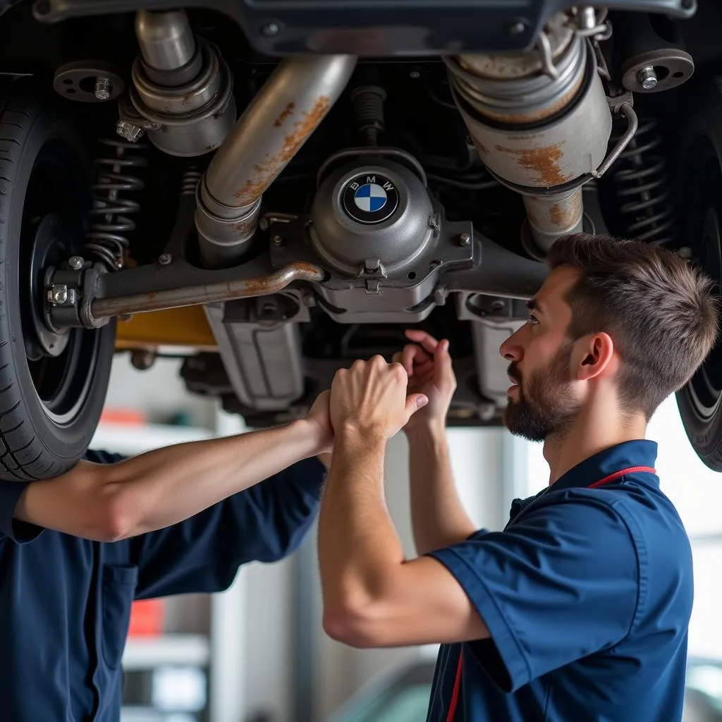 Mechanic Inspecting the Undercarriage of a BMW