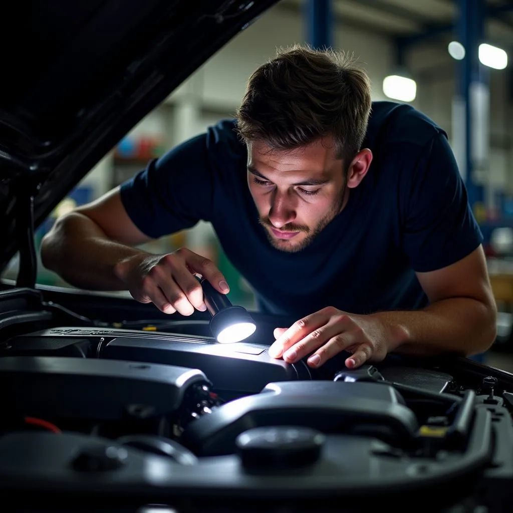 Mechanic Inspecting BMW Engine for Oil Leak