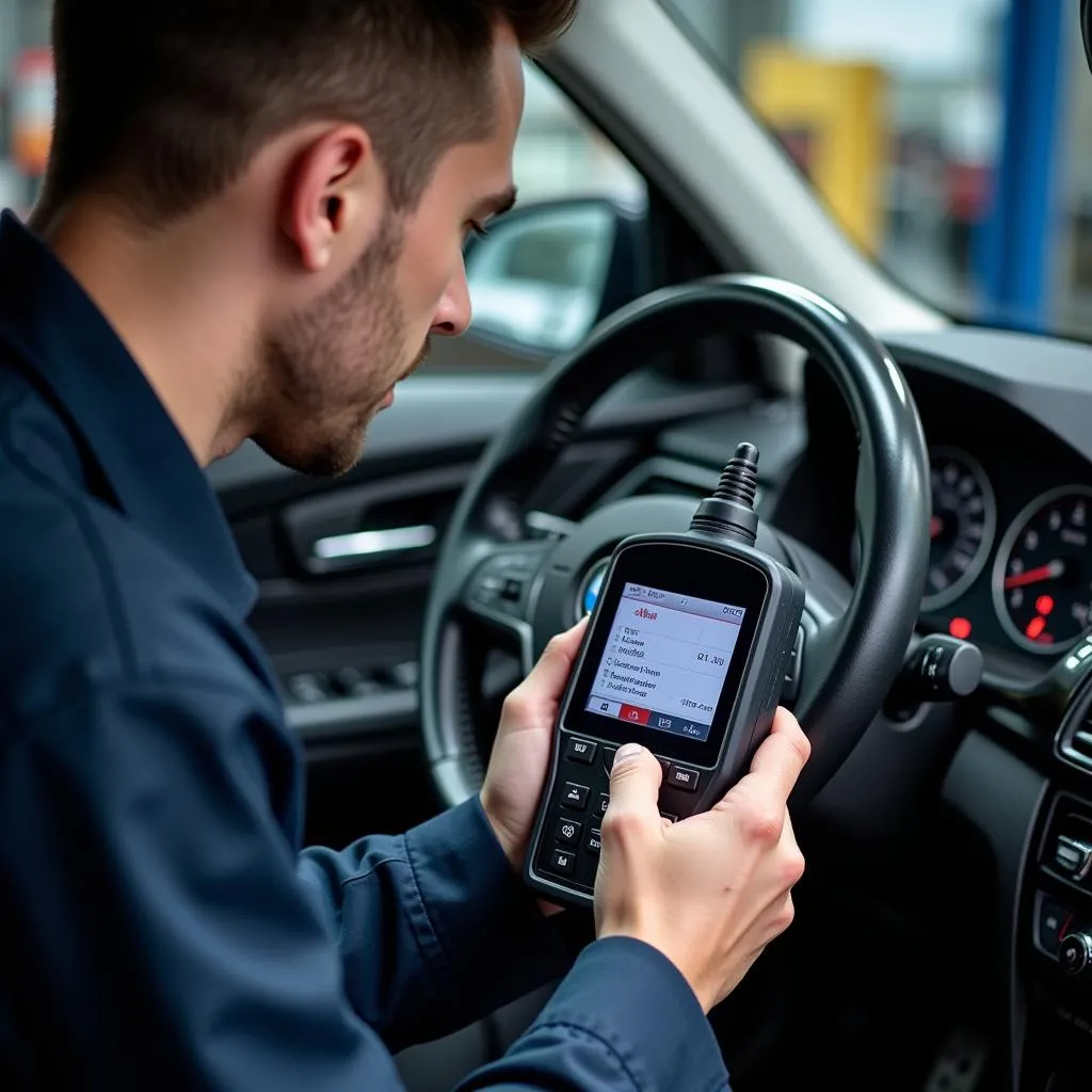 BMW Mechanic Using Diagnostic Tool