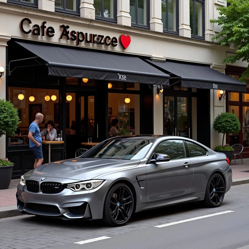 BMW Parked in Front of Café