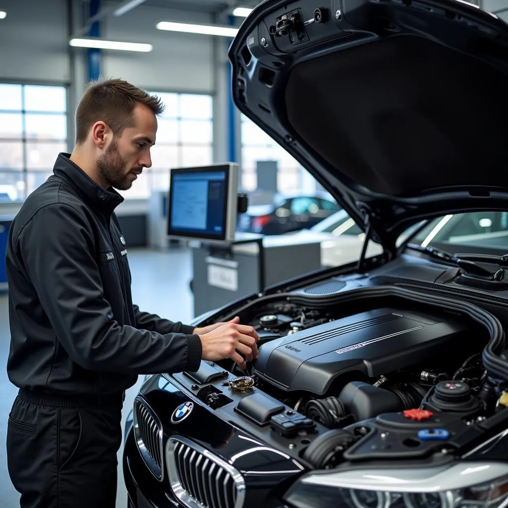 BMW Technician Performing Engine Diagnostics