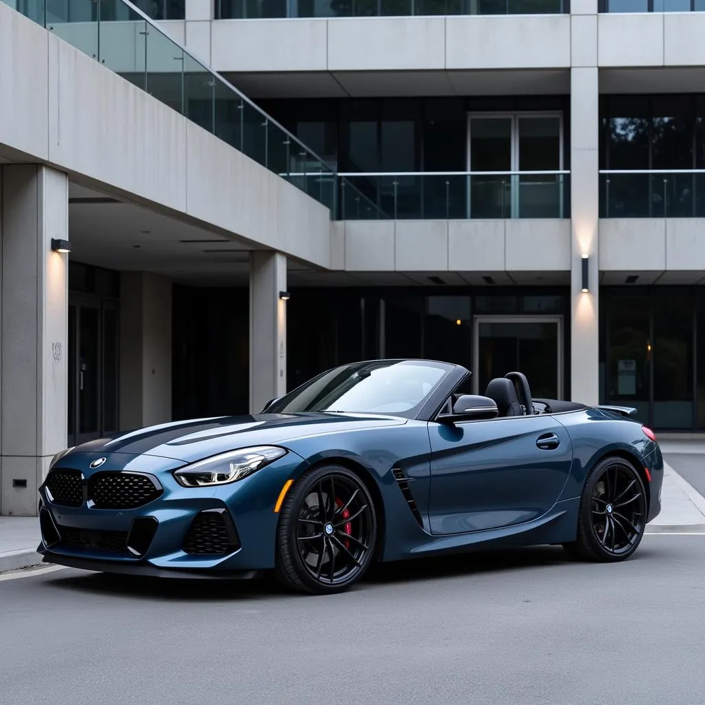 BMW Z4 in Midnight Blue Parked in Front of Modern Building