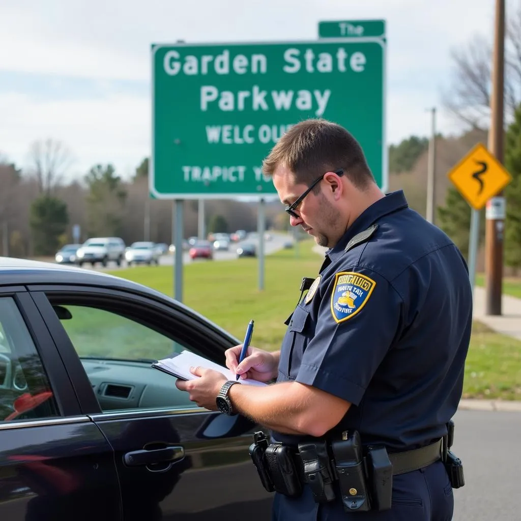 Police officer taking a report at the scene of a car accident on the Garden State Parkway.