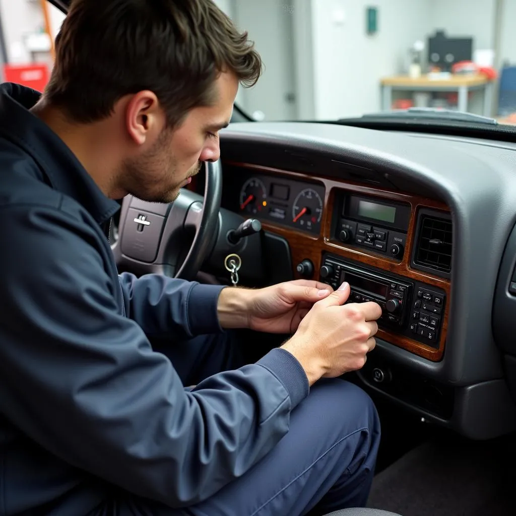 Car Audio Technician Installing Radio in 1997 Lincoln Town Car