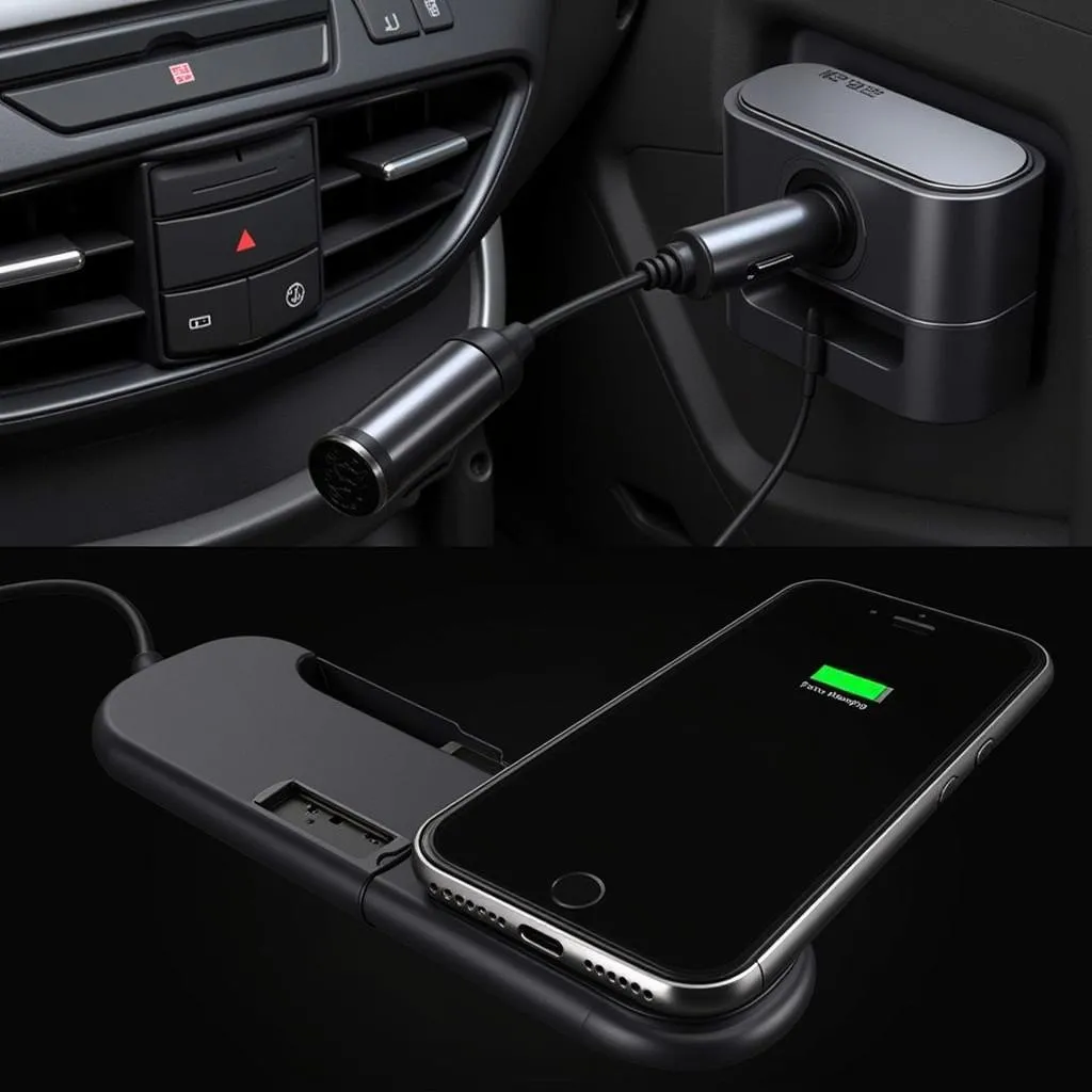 Car charger plugged into a car's cigarette lighter socket, charging a smartphone.