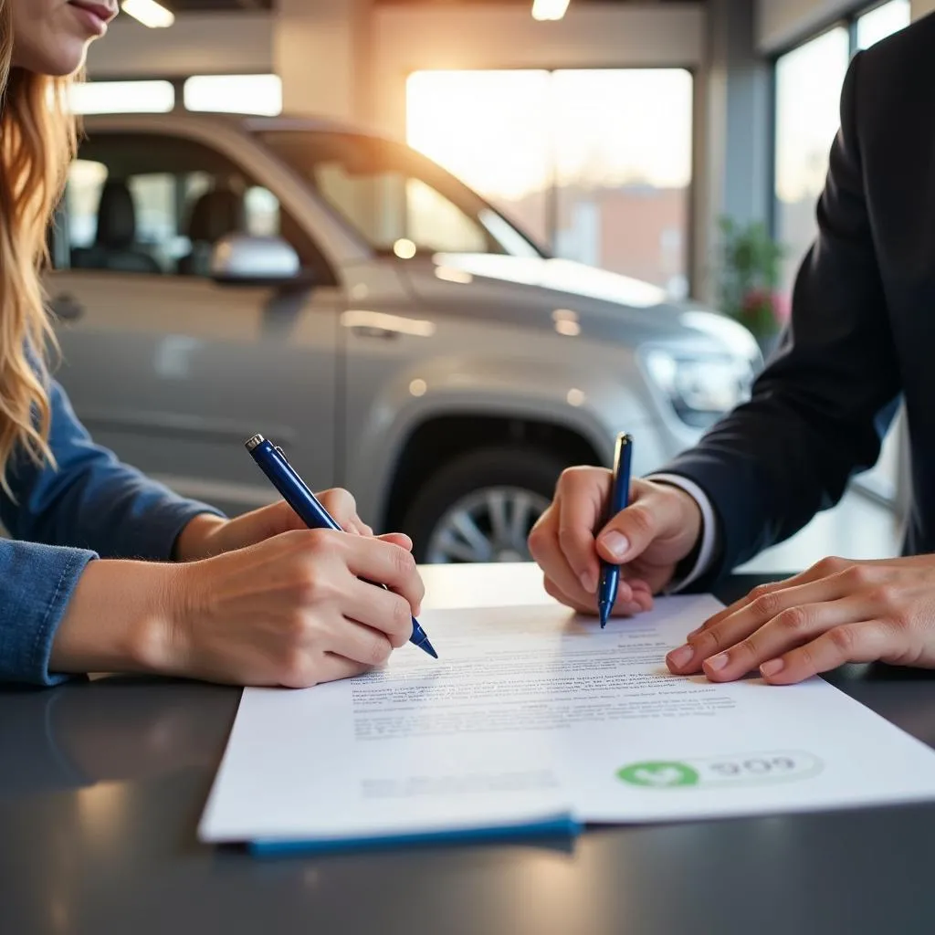 Couple signing car purchase paperwork