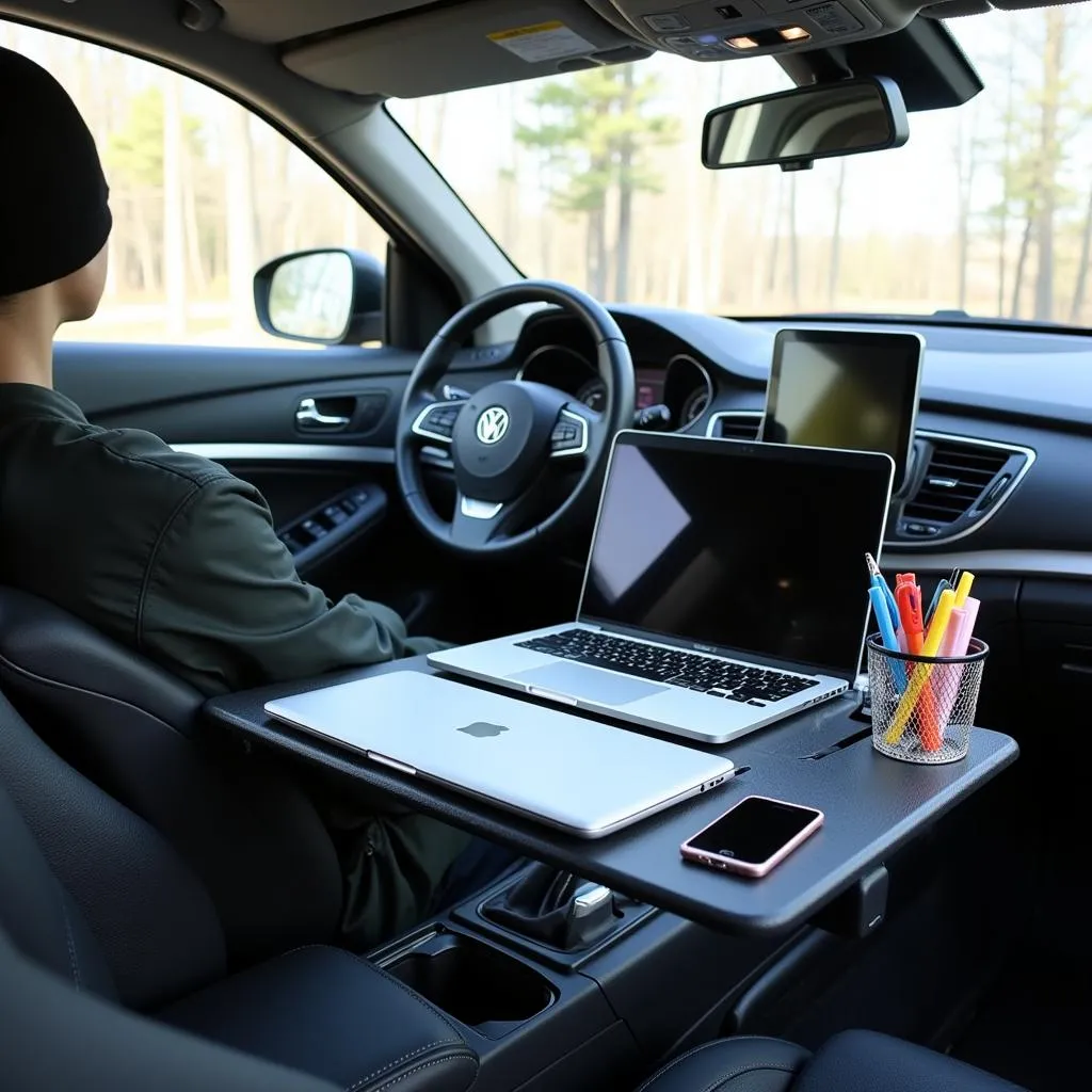 Car Desk Setup in Parked Car