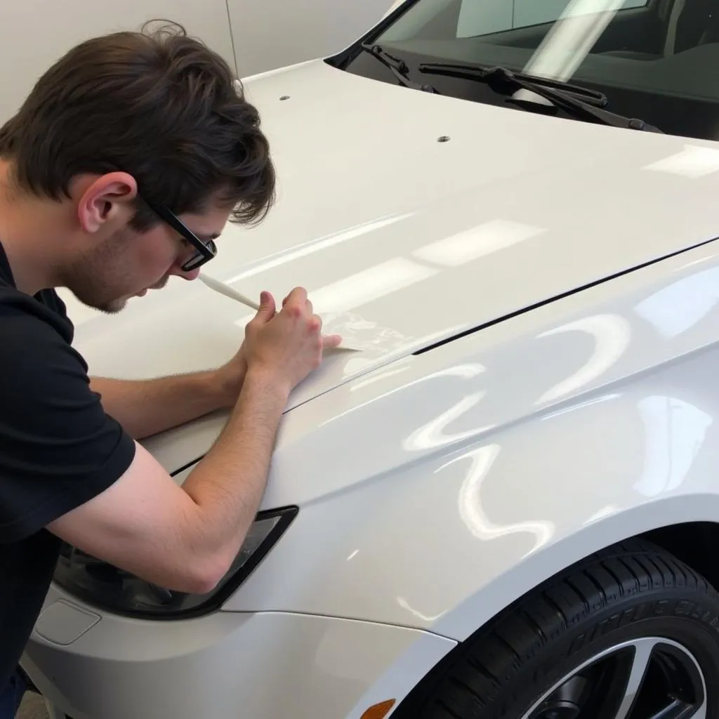 Professional Car Detailer Applying Gloss White Vinyl Wrap