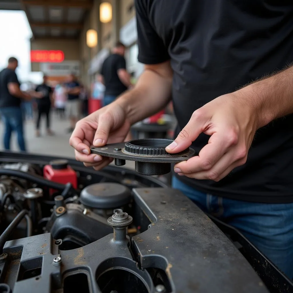 A person inspecting car parts at a vendor stall