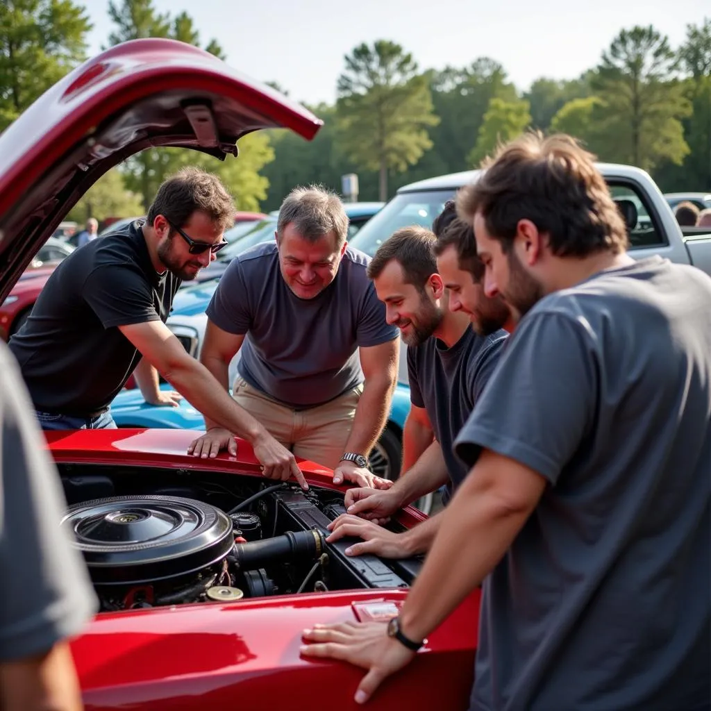 Car Enthusiasts Discussing a Classic Car Engine