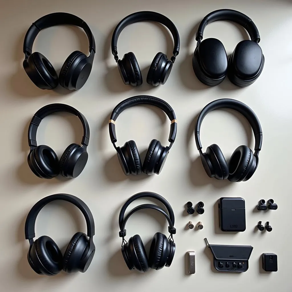 Various types of car headphones displayed on a table