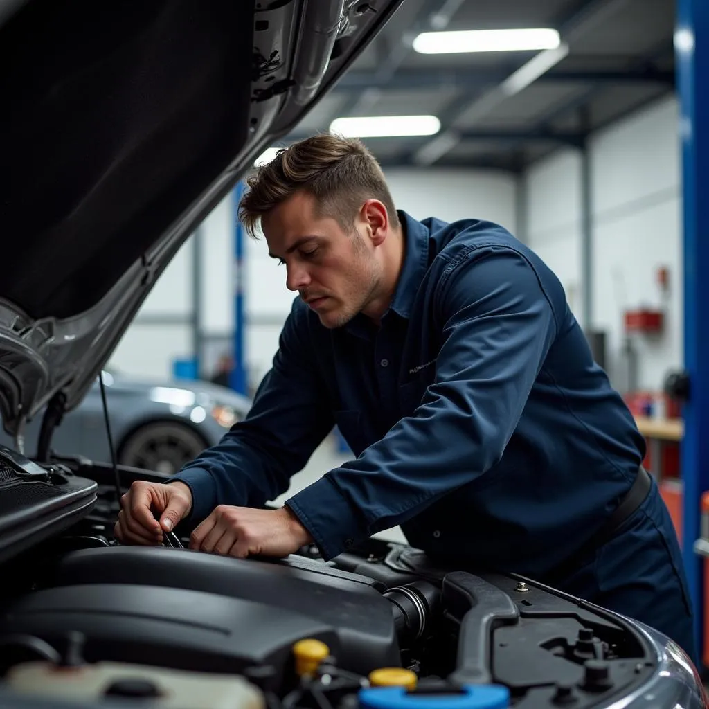 Mechanic inspecting a car's engine at a Griffith Indiana dealership