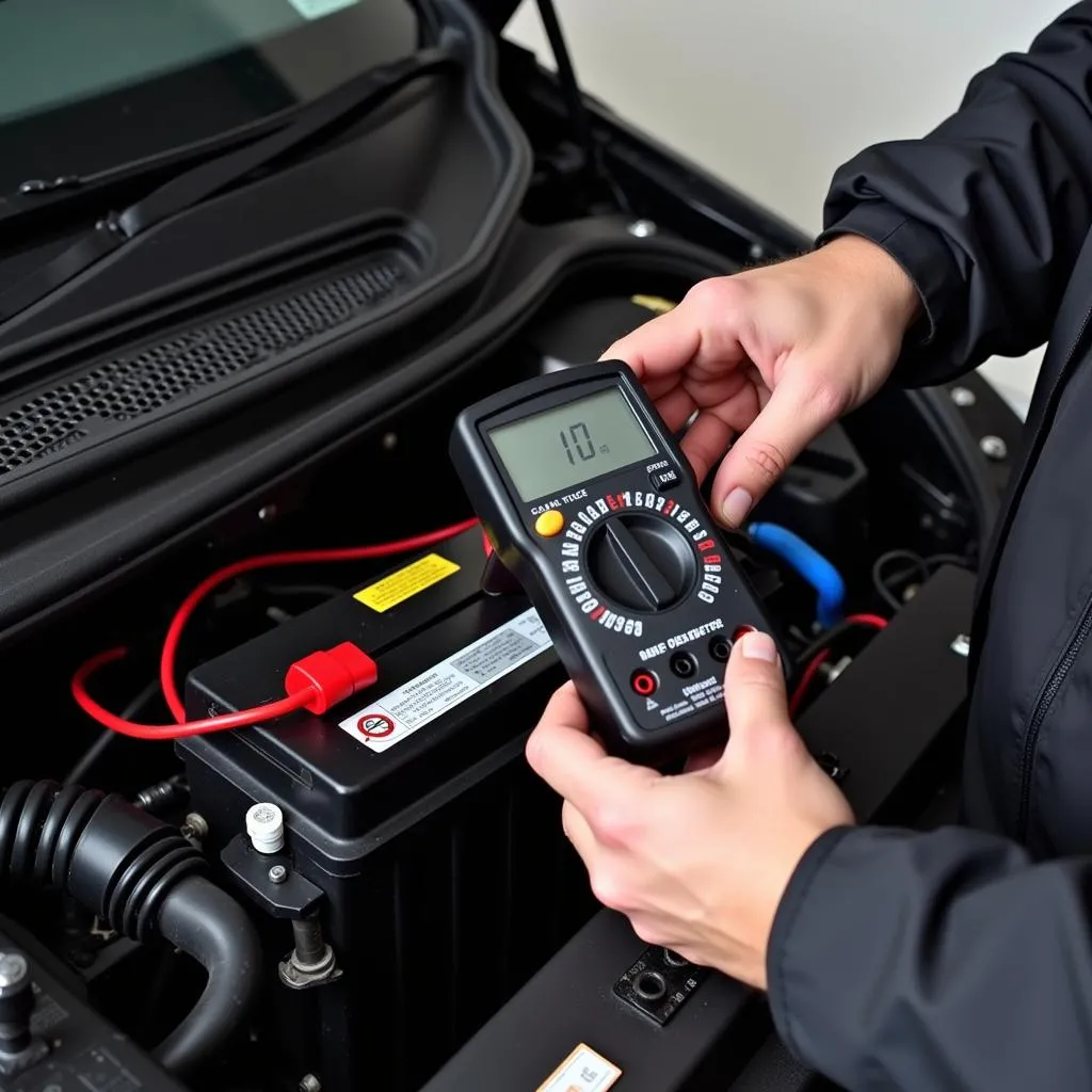 Car Owner Checking Aux Battery with Multimeter