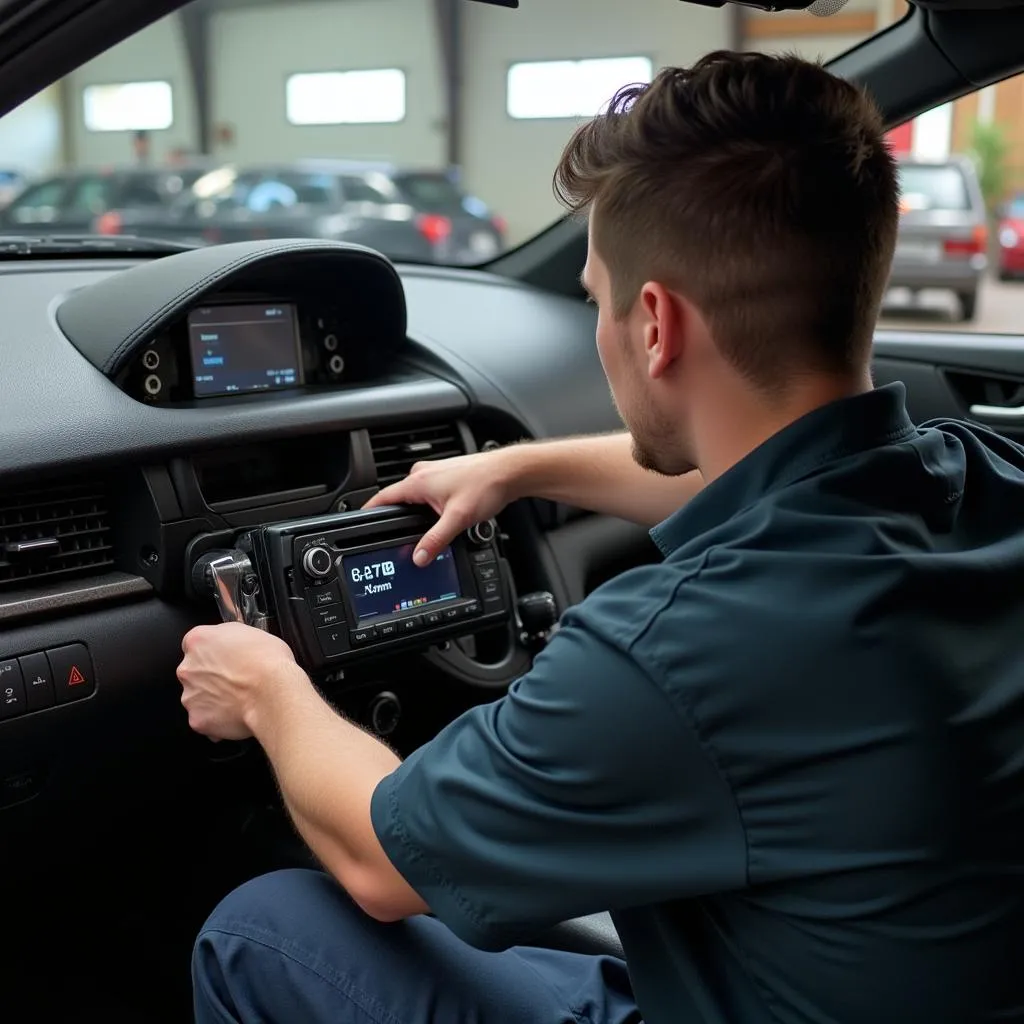 A technician installing a car stereo in a professional shop