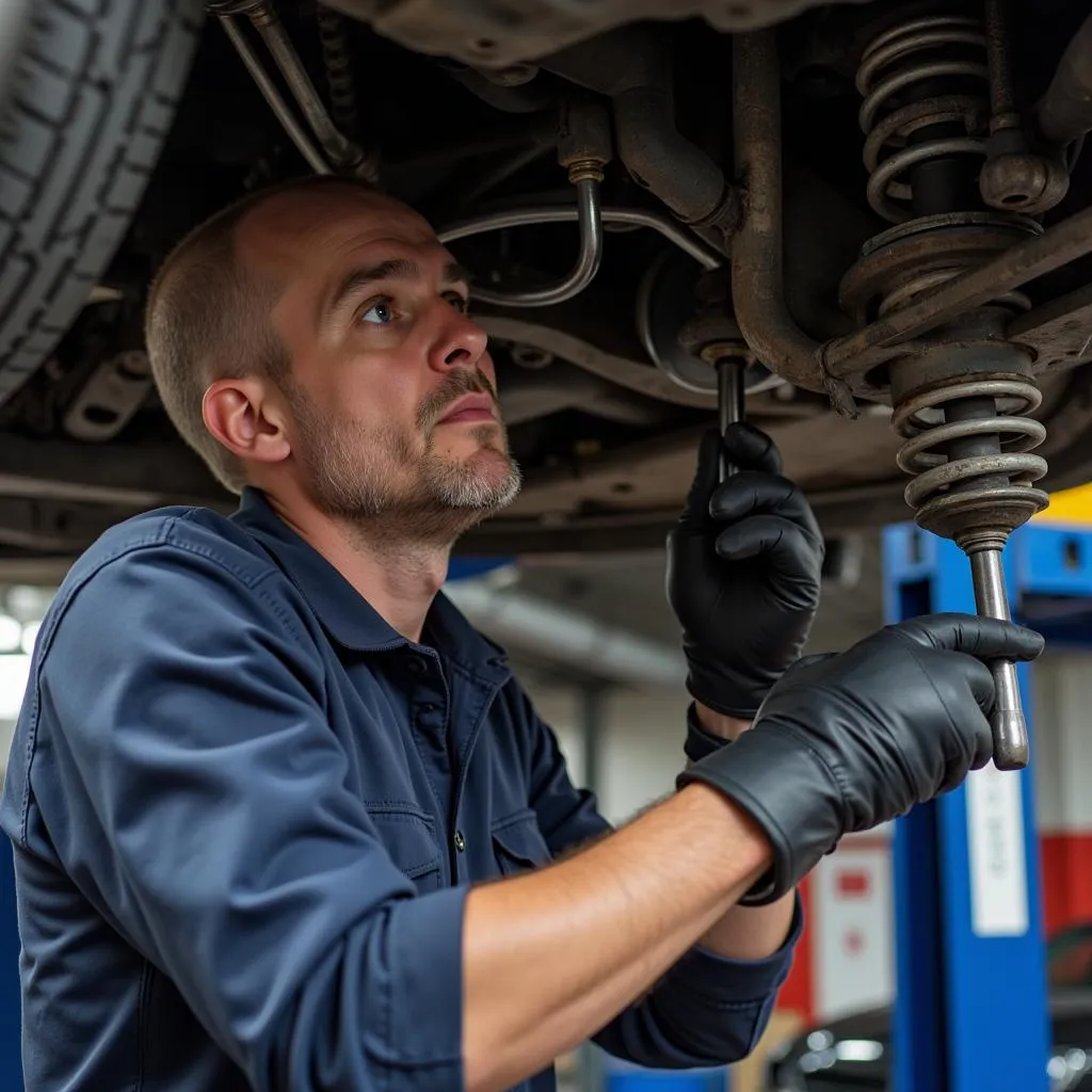 Mechanic Inspecting Car Suspension