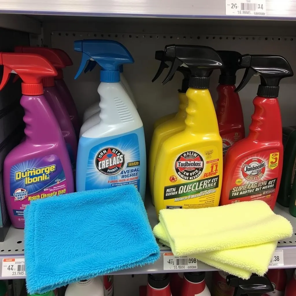 Assortment of car wash supplies on a shelf