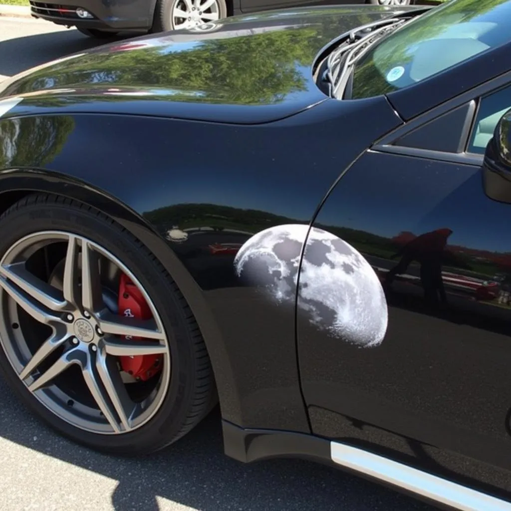 Car with Moon Decal Parked in Shade