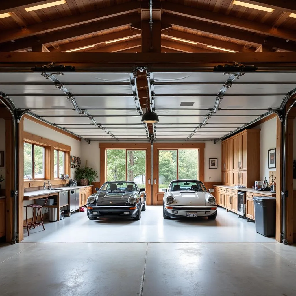 Spacious Carriage House Interior with Garage Doors Open