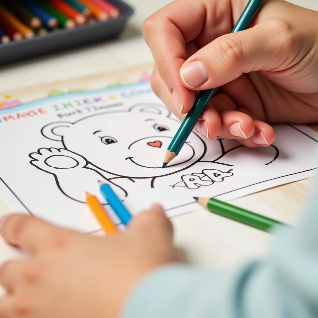 Child Coloring Care Bear Page with Colored Pencils