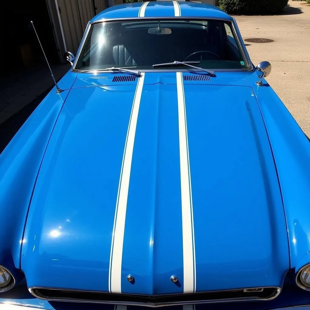 Blue Classic Car with White Dual Stripes