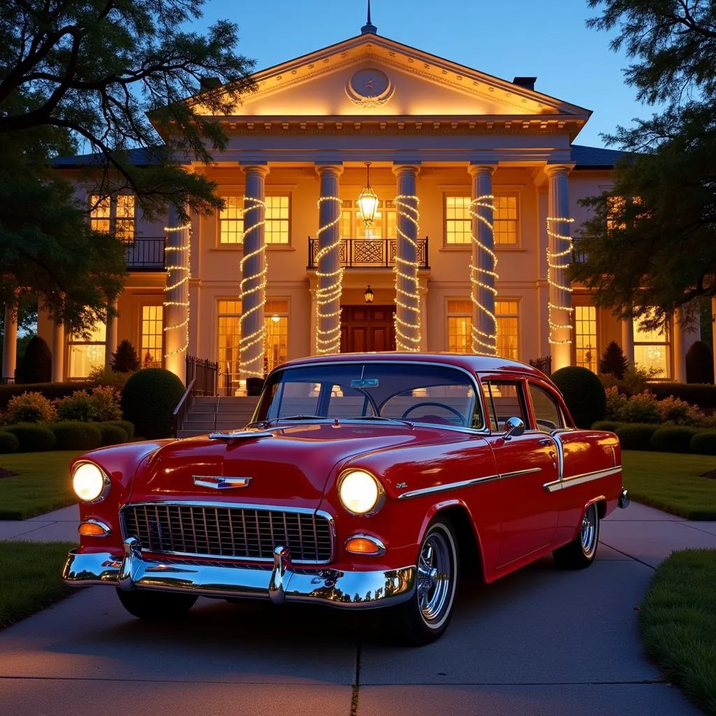 Classic car parked in front of a prom venue