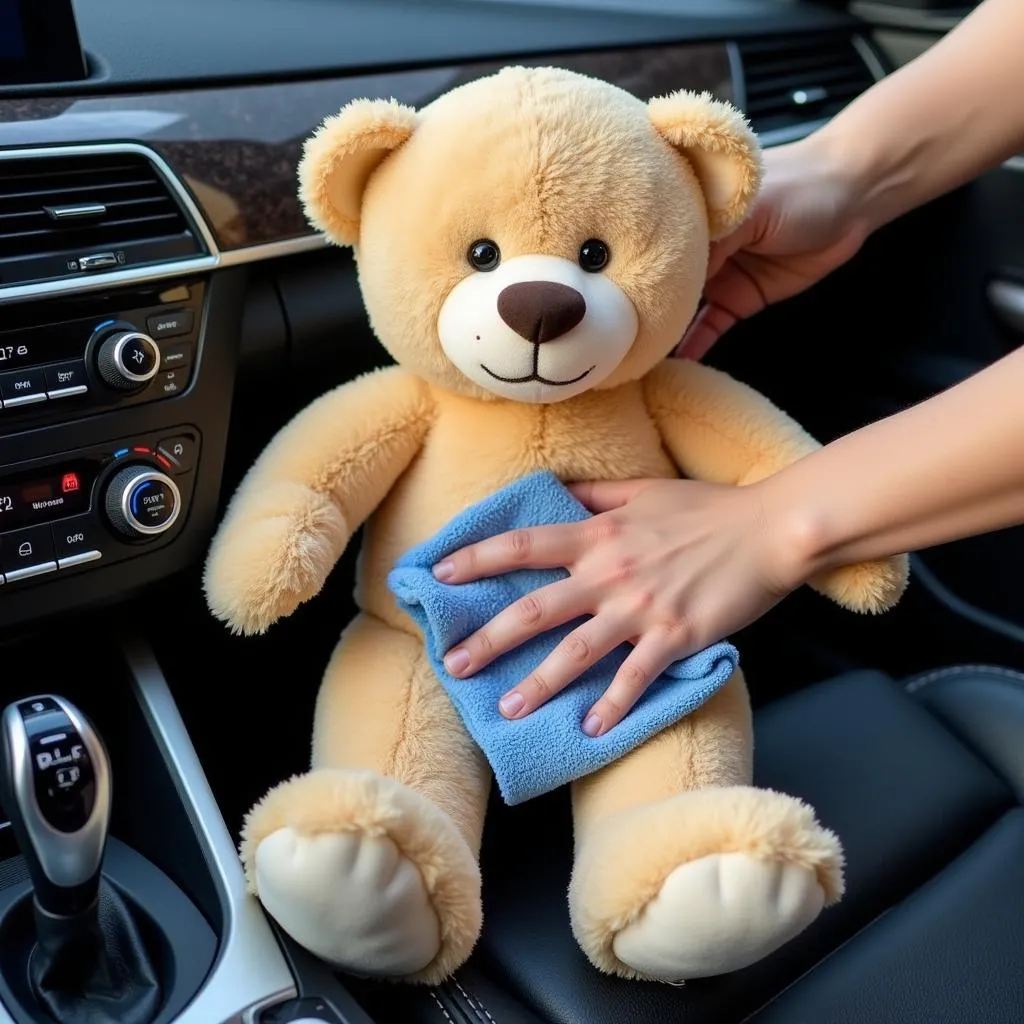 Cleaning a Car Teddy Bear with a Damp Cloth