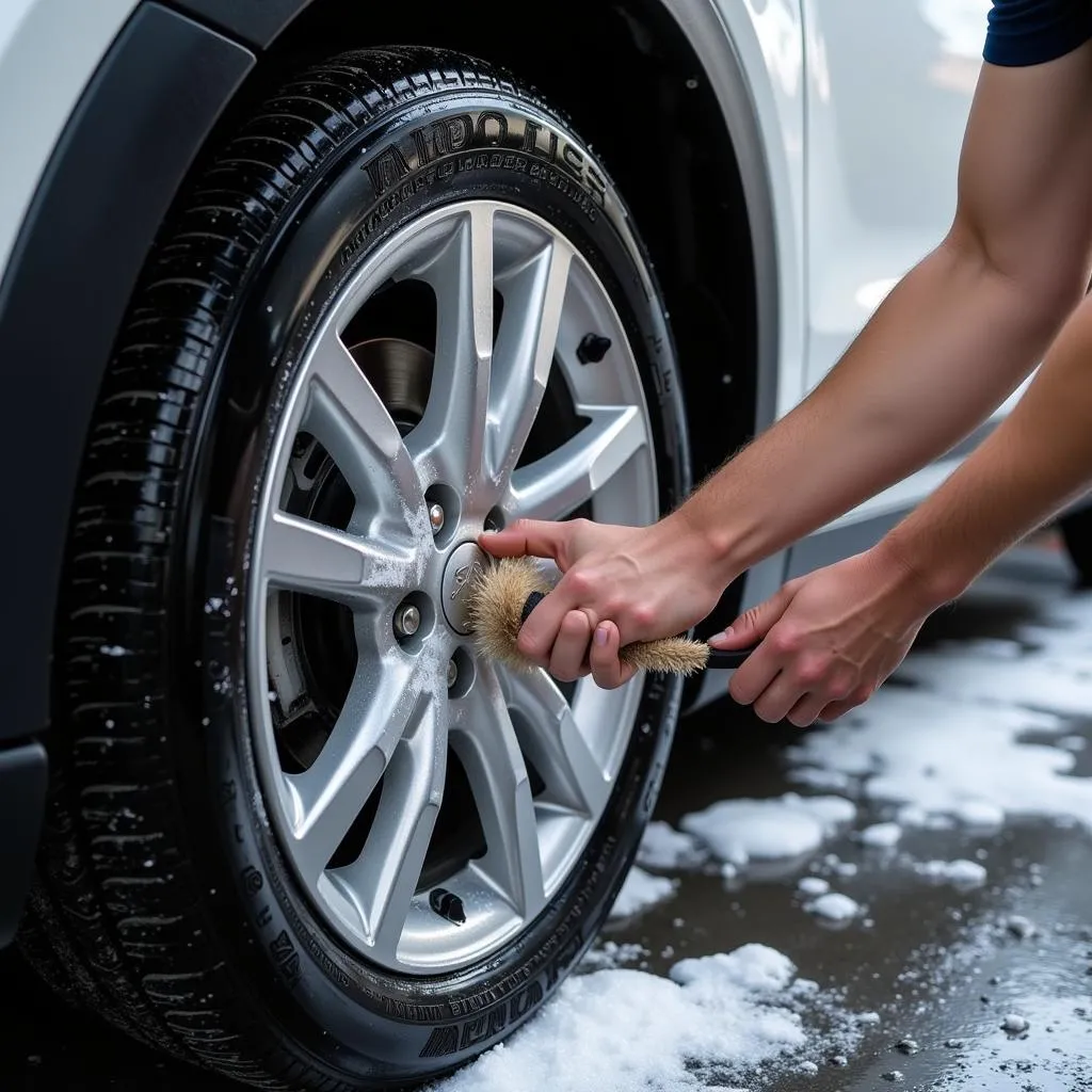 Close-up of a car wheel being cleaned with a brush