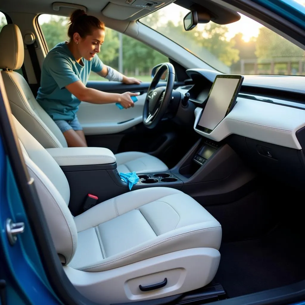 Person meticulously cleaning the interior of an electric car