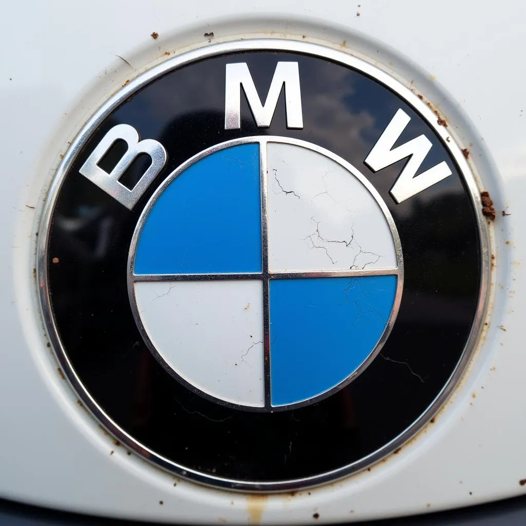 Close-up of a BMW Z3 emblem showing signs of fading and cracking