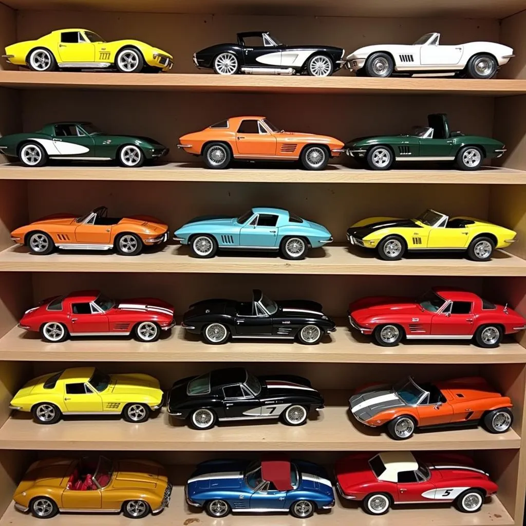 A collection of Corvette slot cars displayed on a shelf.